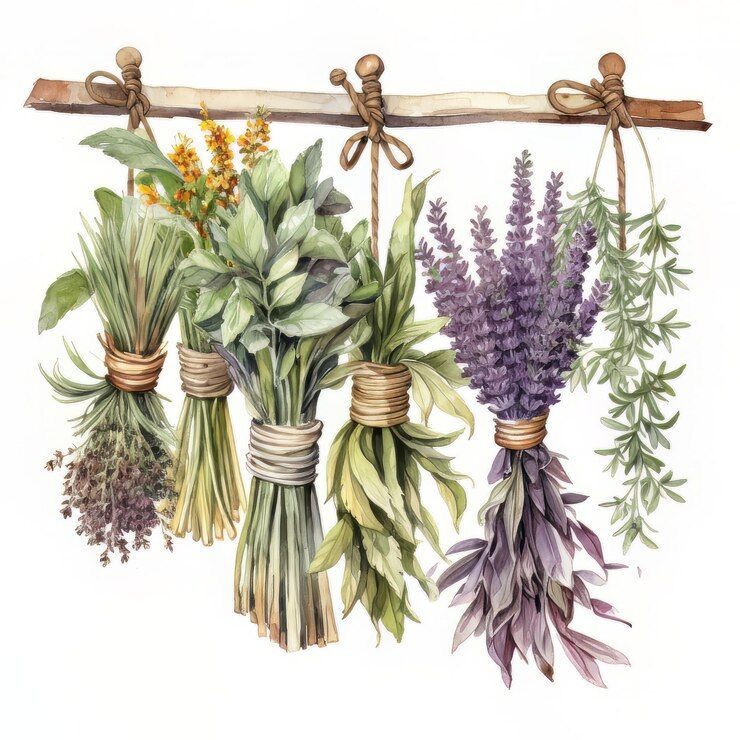 Watercolor hanging bundles of kitchen herbs