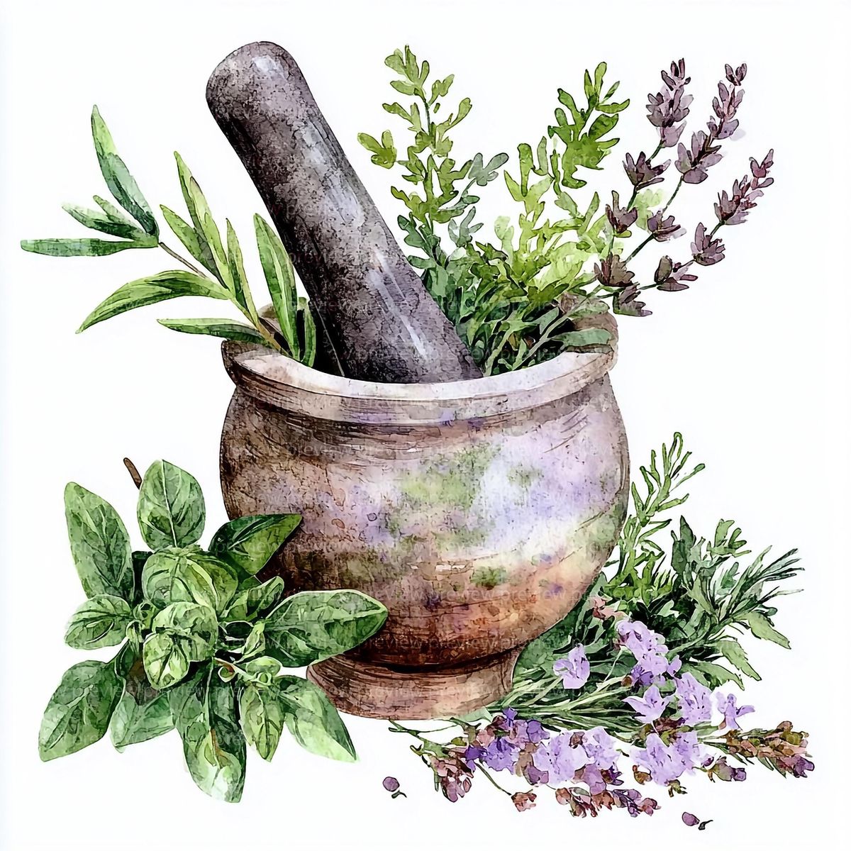 Watercolor mortar and pestle with fresh herbs