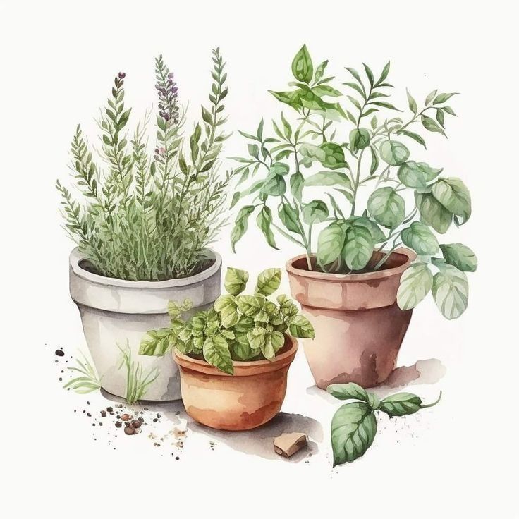 Watercolor pots with green herbs
